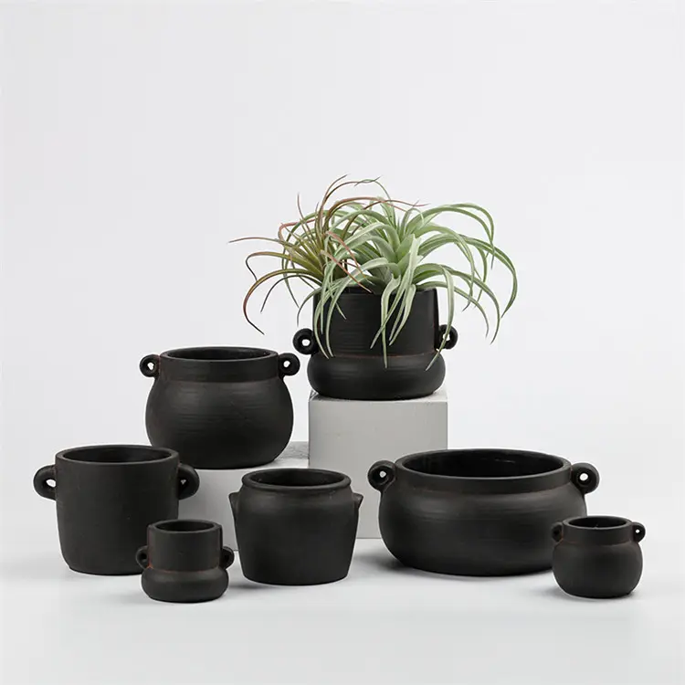 Decorazione del giardino all'ingrosso personalizzata piccolo vaso succulento bonsai vaso per fioriera in cemento opaco vasi neri per piante con manico rotondo