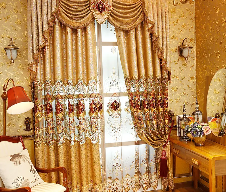 Cortinas opacas de chenilla para sala de estar, visillo bordado hueco de lujo para Villa, W-016