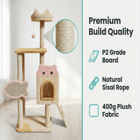 Arbre à chat en bois multi-niveaux de luxe et durable avec poteaux à gratter en sisal, maisonnette et perchoir pour grands chats d'intérieur et chatons