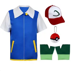 Kostum monster saku anak-anak, setelan Cosplay abu Ketchum pesta Halloween, topi Poke Ball untuk dewasa