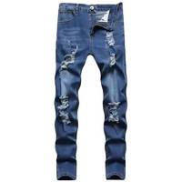 Pantalon Jean Long Skinny Slim Homme, Style Décontracté Mode Hip Hop, Délavé Usé Troué Dégraffié