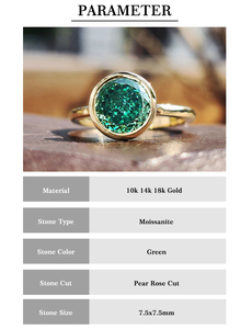 Lustro oro giallo antico color Moissanite pietre fascia di fidanzamento Set 7.5mm verde rotondo Moissanite taglio portoghese anello - Product Image 2