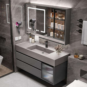 New Design <b>Bathroom</b> <b>Vanities</b> Modern Wooden <b>Bathroom</b> Cabinet Black Sintered Stone <b>Vanity</b> Countertop LED Mirror - Product Image 2