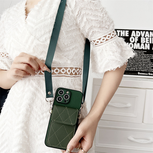 Luxury Quilted Diamond Lattice Card Holder Phone Case With Adjustable Crossbody Lanyard Shoulder Strap for iPhone 17 16 Pro Max