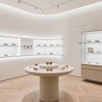 Présentoir Optique Moderne Blanc Courbé de Luxe avec Éclairage LED, Vitrine à Lunettes à Niveaux pour Magasin de Détail et Showroom