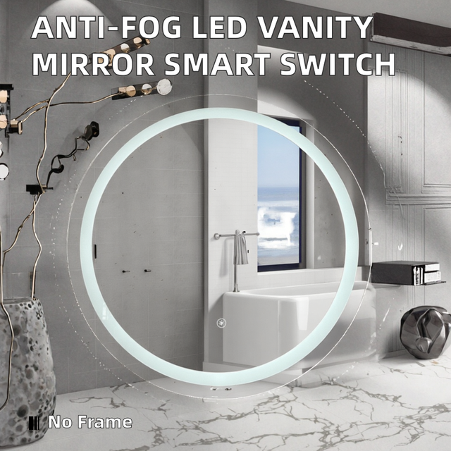 Modern Round Smart LED Bathroom Mirror, IP65 Waterproof, Defogger, Time Temperature Display, Bluetooth Speaker for Apartment