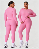 Set Pakaian Yoga Ukuran Besar Atasan Lengan Panjang + Legging Yoga Pinggang Tinggi 2 Potong Pakaian Olahraga Lari untuk Wanita