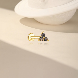 Boucles d'oreilles pendantes en argent S925 avec diamant et fleur à 5 pétales en quartz rutilé noir, filetées en or 1,2x6mm, bijoux de corps - Product Image 2