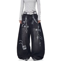 Jean en denim brut noir oversize pour homme, coupe baggy, broderie Phénix, jambe large, style vintage gothique streetwear