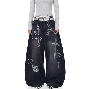 Jean en denim brut noir oversize pour <span class=keywords><strong>homme</strong></span>, coupe baggy, broderie Phénix, jambe large, style vintage gothique streetwear - Product Image 3