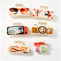 Pince à cheveux en acrylique faite à la main, style japonais et coréen, imprimé à paillettes sur le thème des vacances d'été, série voyage et plage, avec motifs appareil photo et lunettes de soleil