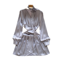 Robe mini élégante en satin à manches longues pour femme, col halter en V, taille froncée, robe courte avec fleurs 3D, robes de fête printanières