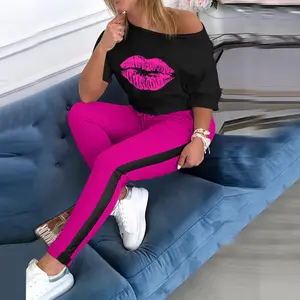 2021 commercio all'ingrosso di Nuovo Delle Ragazze Delle Donne del Labbro Stampato O-Collo Manica Corta Parti Superiori di Sport + Pants 2 Pcs Vestiti Casual T-Shirt Set Vestiti