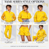 Jaket Varsity Wanita Kuning Custom dengan Dekorasi Bintang Rhinestone, Kerah Bergaris, Manset, Kancing Depan, Pakaian Luar Baseball