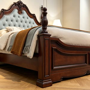 New Arrival Floral Carved Top Diamond Tufted Velvet Four Poster Solid Wood Bed with Simple Wooden Nightstands - Product Image 6