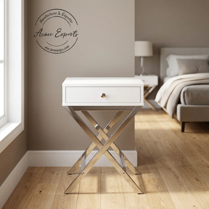 Custom Design Handcrafted Stainless Steel Side <b>Table</b> with <b>White</b> Finished Wooden Drawer Top Used for Storage and Decor - Product Image 1