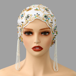 Tessuto di maglia perline tubo abbinato a diamante cappello per Dubai arabia <span class=keywords><strong>musulmano</strong></span> Hijabs da donna in pizzo ricamo perle cappelli - Product Image 3