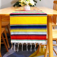 Chemin de table rayé style ethnique, décoration de fête, polyester/coton, pompons, nappe mexicaine colorée pour table à manger