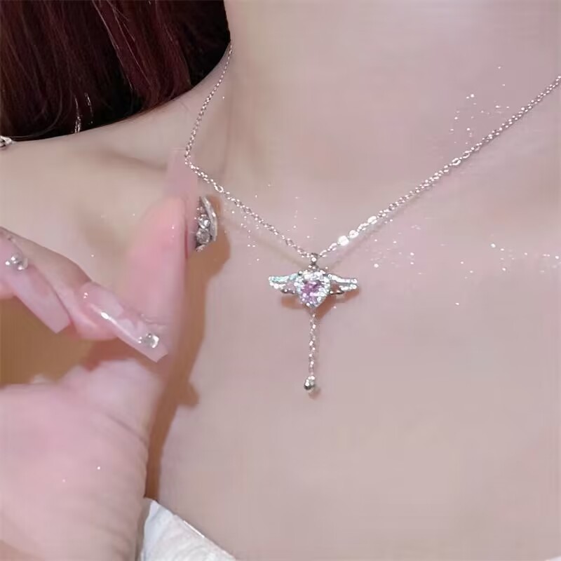 Модные ювелирные изделия ожерелья Изящные крылья ангела розовый горный хрусталь сердце кулон ожерелья