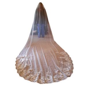 Voile de mariée élégant en dentelle à sequins appliqués ivoire, 4 m de long, 3 m de large, traîne cathédrale, voile de mariage brillant - Product Image 5