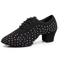 Chaussures de danse latine noires pour femmes avec strass, talon carré en daim, lacets, pour salsa, tango, danse de salon, entraînement