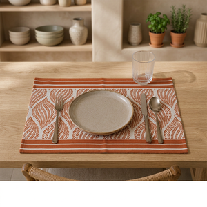 Mantel Individual de Algodón Premium con Estampado de Hojas Naranja Óxido y Borde a Rayas |   Elegante Mantel Individual Estampado para Mesa de Comedor, para el Hogar y Restaurantes - Product Image 3