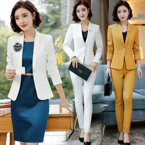 Temperament women office elegant professional plain long pants two piece sets ladies formal suits