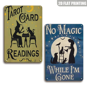 Targa in Metallo con Citazioni sulle Letture dei Tarocchi e sulle Streghe, con la Frase 'No Magic While I'm Gone', Decorazione Rustica da Parete per Halloween, Casa, Portico, Giardino, Caffè - Product Image 1