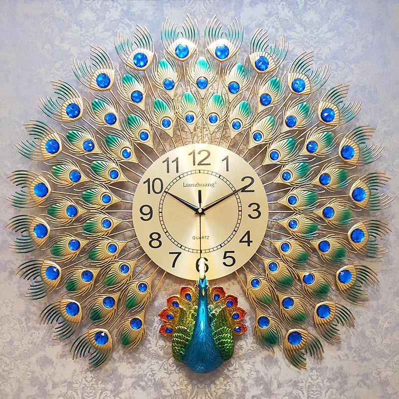 Reloj de pared de lujo con diseño de pavo real, decoración 3D con diseño de Animal de hierro, estilo antiguo