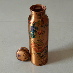 Bouteille d'eau en cuivre avec motif floral, gourde de voyage portable, couvercles inclus - Product Image 1