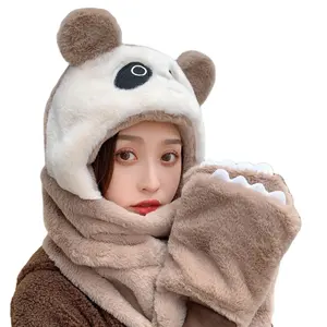 Prêt à expédier mode hiver chaud femmes panda peluche fourrure 3-en-1 multifonctionnel Animal chapeau écharpe mitaines Combo ensemble