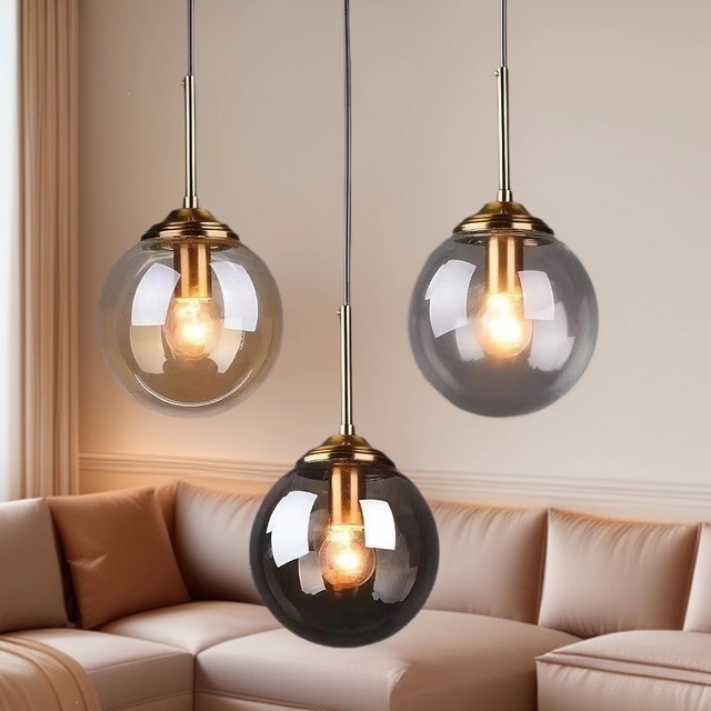 1pc Smoke/Clear Glass Globe Pendant Light Brass Long Rod Modern Spherical Hanging Lamp for Kitchen Bar Bedroom Decor