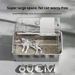 Caja de arena extra grande de acero inoxidable para gatos, bandeja elevada semicerrada a prueba de olores con salida superior, accesorio de inodoro a prueba de salpicaduras - Product Image 3