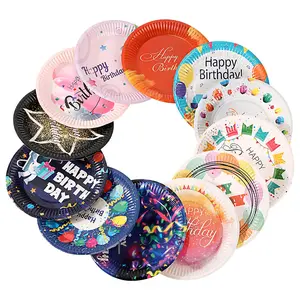 Newest kids happy birthday party supplies decorations colorful cartoon theme disposable paper plate 7 inches