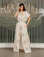 Robe kaftan marocaine, coupe trapèze, manches courtes, taille élastique, perles de cristal, col en V, robe de soirée florale pour femmes musulmanes