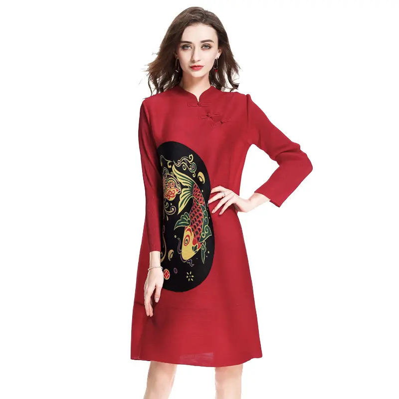 pleated new loose large size medium and long style retro print improved red dress