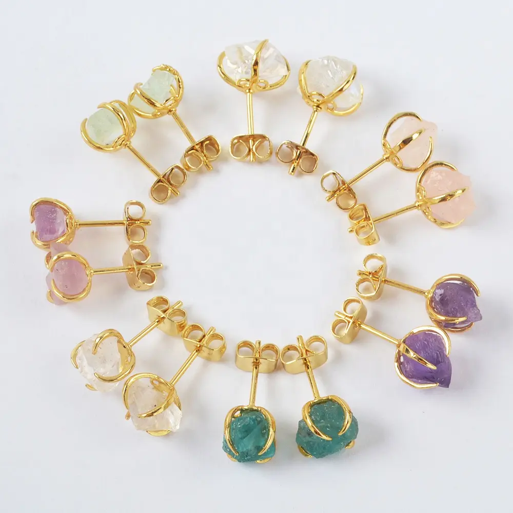 ZG0446 Aquamarine Natural Healing Crystal Custom Gold Earring Jewelry Women Crystal Stud Earring