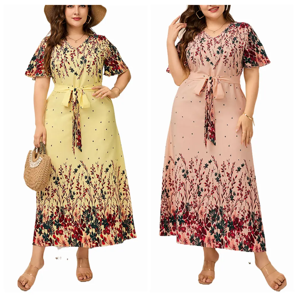 5XL Plus Size Women Pink Floral Printed Maxi Dress Summer Short Sleeves Slimming Crepe Vintage Long Dress