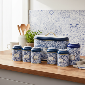 7 Pcs Round Tin <b>Box</b> Kitchen Set Dome <b>Lid</b> Azulejo-Inspired Blue & White <b>Decorative</b> Pattern Azulejos Design - Product Image 3