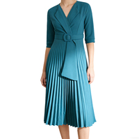 Robe plissée mi-mollet pour femme de bureau, col en V, taille empire, grande taille, respirante, en polyester/spandex, pour l'automne, style professionnel décontracté
