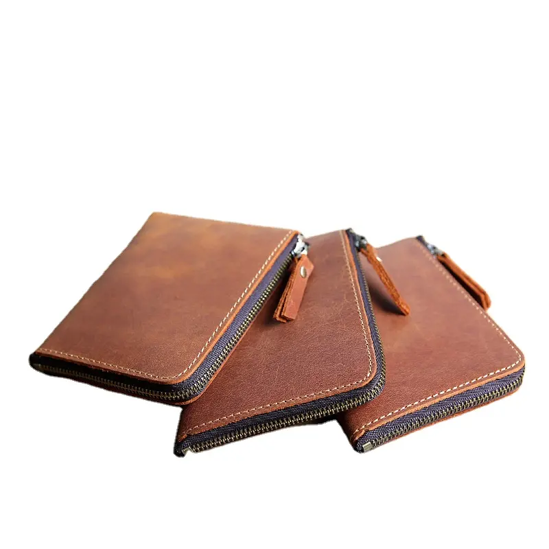 Handmade Vintage Leather Short Men's Purse Crazy Horse Genuine Leather Zipper Money Clip Slim Minimalist Wallet For Men