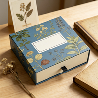 Boîte à tiroir personnalisée avec logo bleu floral, emballage cadeau de luxe imprimé botanique, matériaux recyclés, doublure en éponge, emballage en carton coulissant
