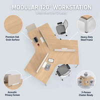 Poste de travail modulaire ATWOKA à 120 degrés pour 3 personnes avec finition chêne clair et cadre blanc pour bureau partagé créatif