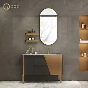 GODI-montaje en pared de madera de estilo europeo moderno, lavabo de acero inoxidable, muebles de baño resistentes al agua, venta al por mayor