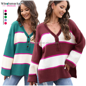 Tricoté Goutte Épaule Top Côté Fente <span class=keywords><strong>Pull</strong></span> En Tricot Bloc De Couleur Boutonné Col En V Côtelé Rayé <span class=keywords><strong>Pull</strong></span> Femmes - Product Image 1