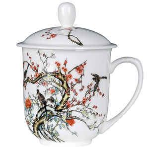 Tasse à thé et à eau en céramique de style chinois Jingdezhen avec couvercle, en porcelaine fine, pour bureau/réunion/hôtel, logo personnalisé, couleur rose - Product Image 5