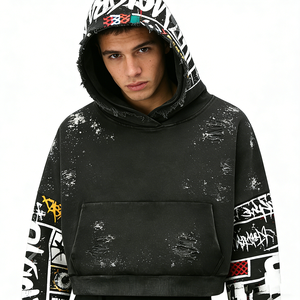 Sweat à capuche Hip Hop pour homme avec motifs audacieux style étiquette, aspect délavé vintage |   Fabricants de vêtements tout-en-un pour les collections de vêtements - Product Image 3