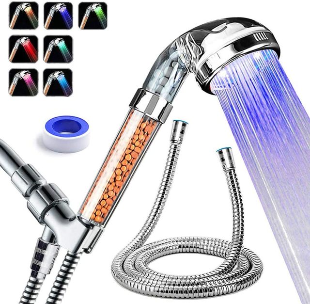 LED Shower Head with Hose and Shower Arm Bracket, High-Pressure Filter Handheld Shower with Color Changes Cyclically