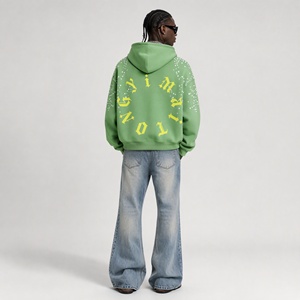 Sweat-shirt à capuche zippé surdimensionné pour homme, vert, imprimé lettres gothiques, effet usé, style hip hop - Product Image 2