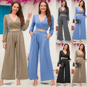 Custom Clothing Dropshipping Products Set Drawstring Crop Tops High Waist Split Women Wide Leg Loose Pants Two Piece Ladies Sets